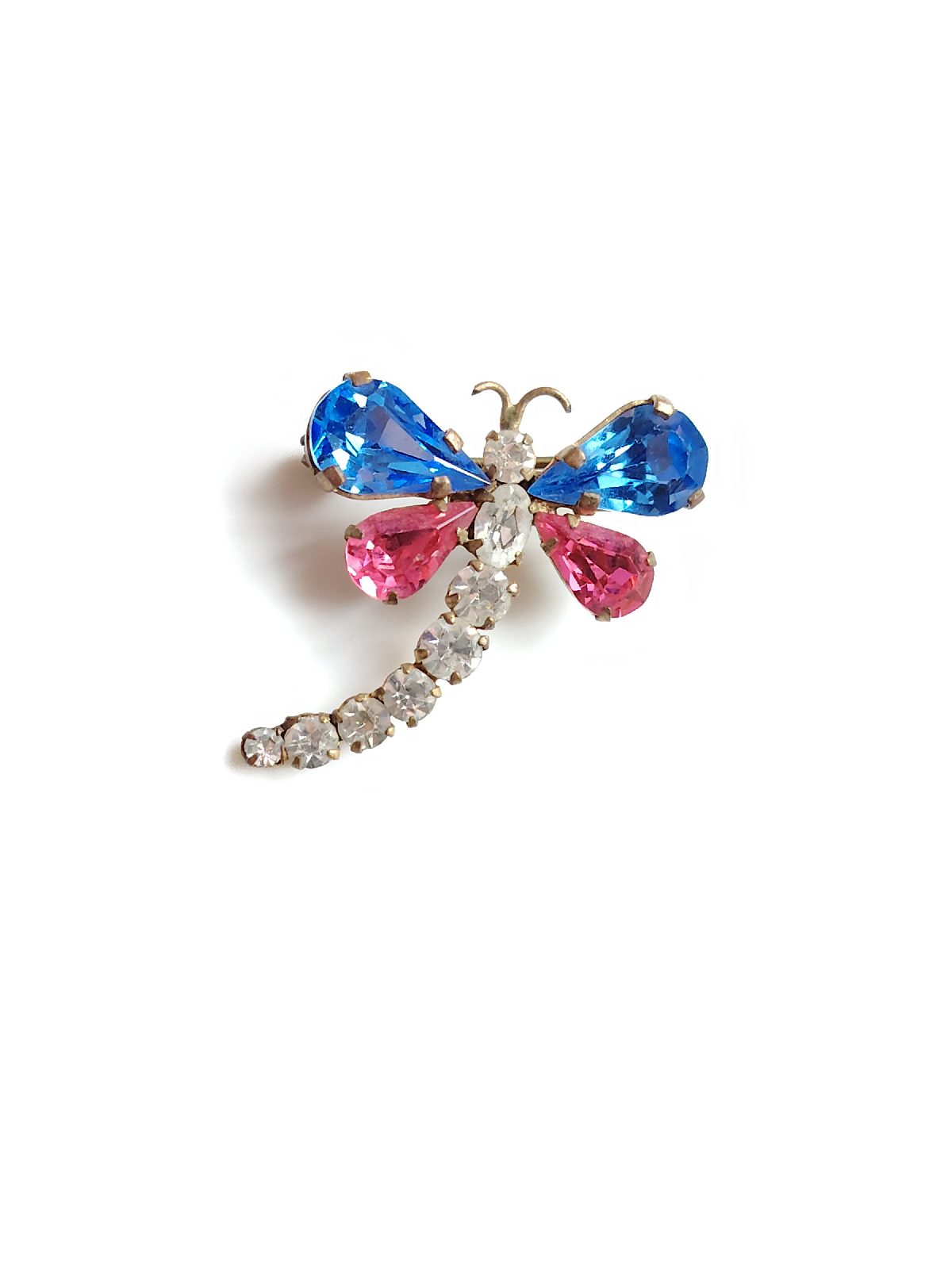 Vintage gold tone blue pink rhinestone butterfly brooch