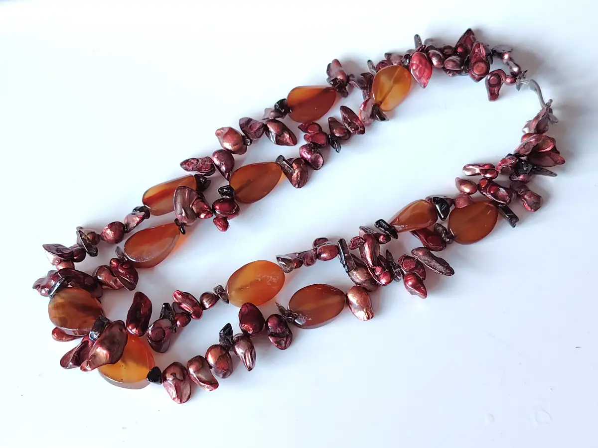 Bronze tone freshwater pearl and stone bead beaded necklace multi strand toggle clasp chic styling