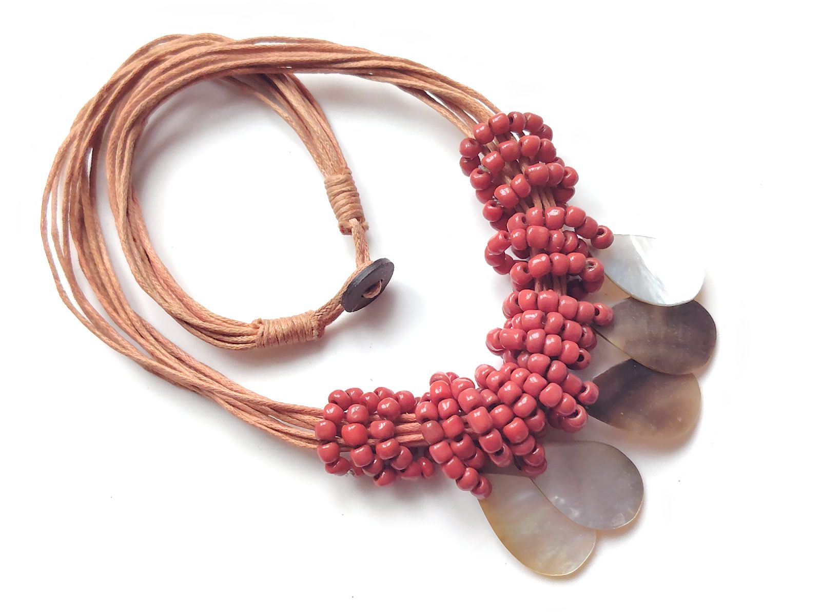 Pale red glass and shell multi strand bead bib style necklace boho layering