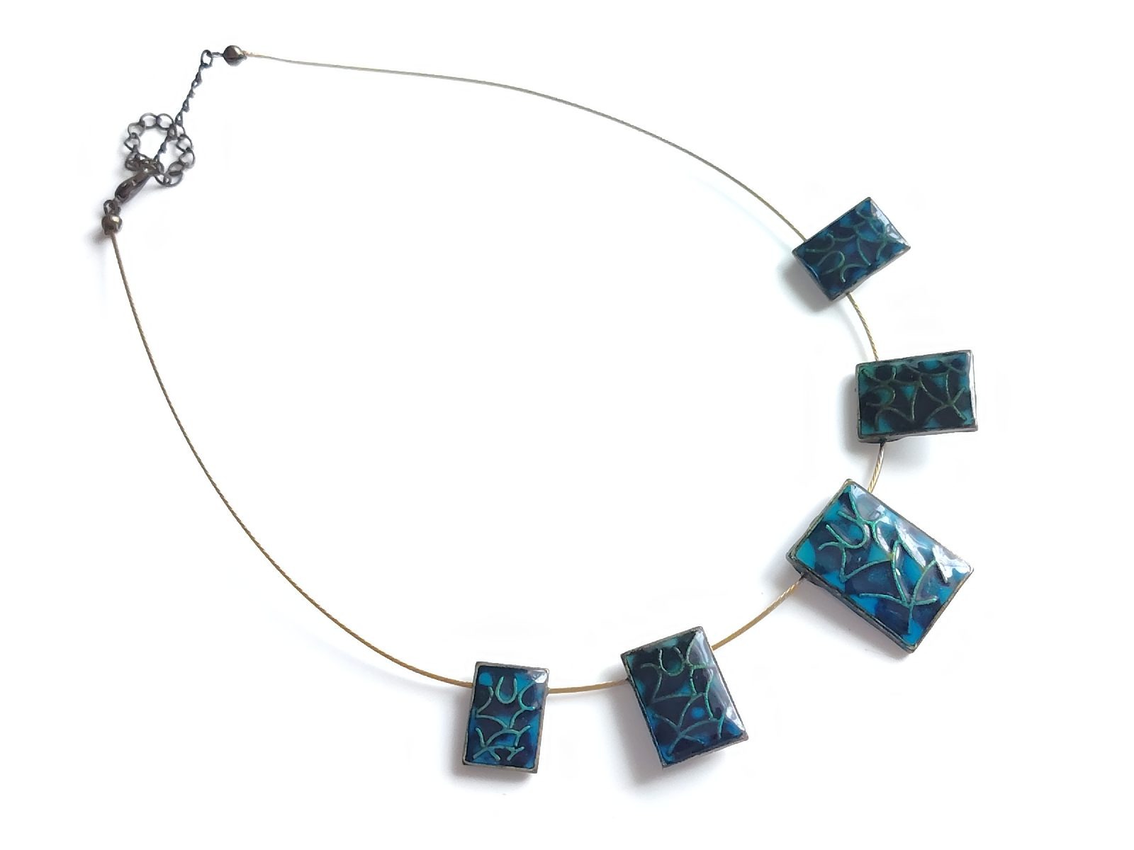 Blue green enamel bin style necklace metal panels retro