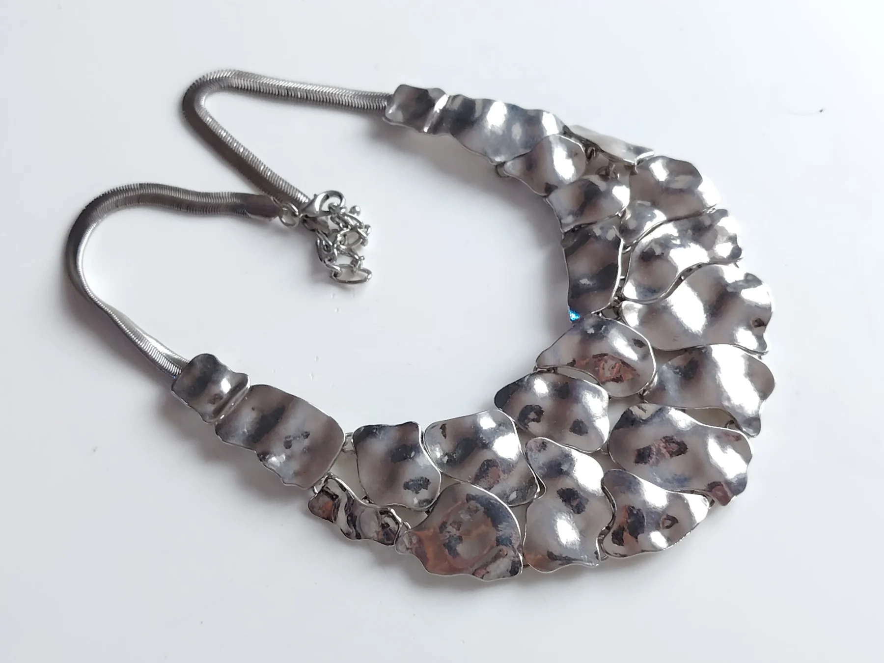 Silver tone textured metal bib style necklace boho layering
