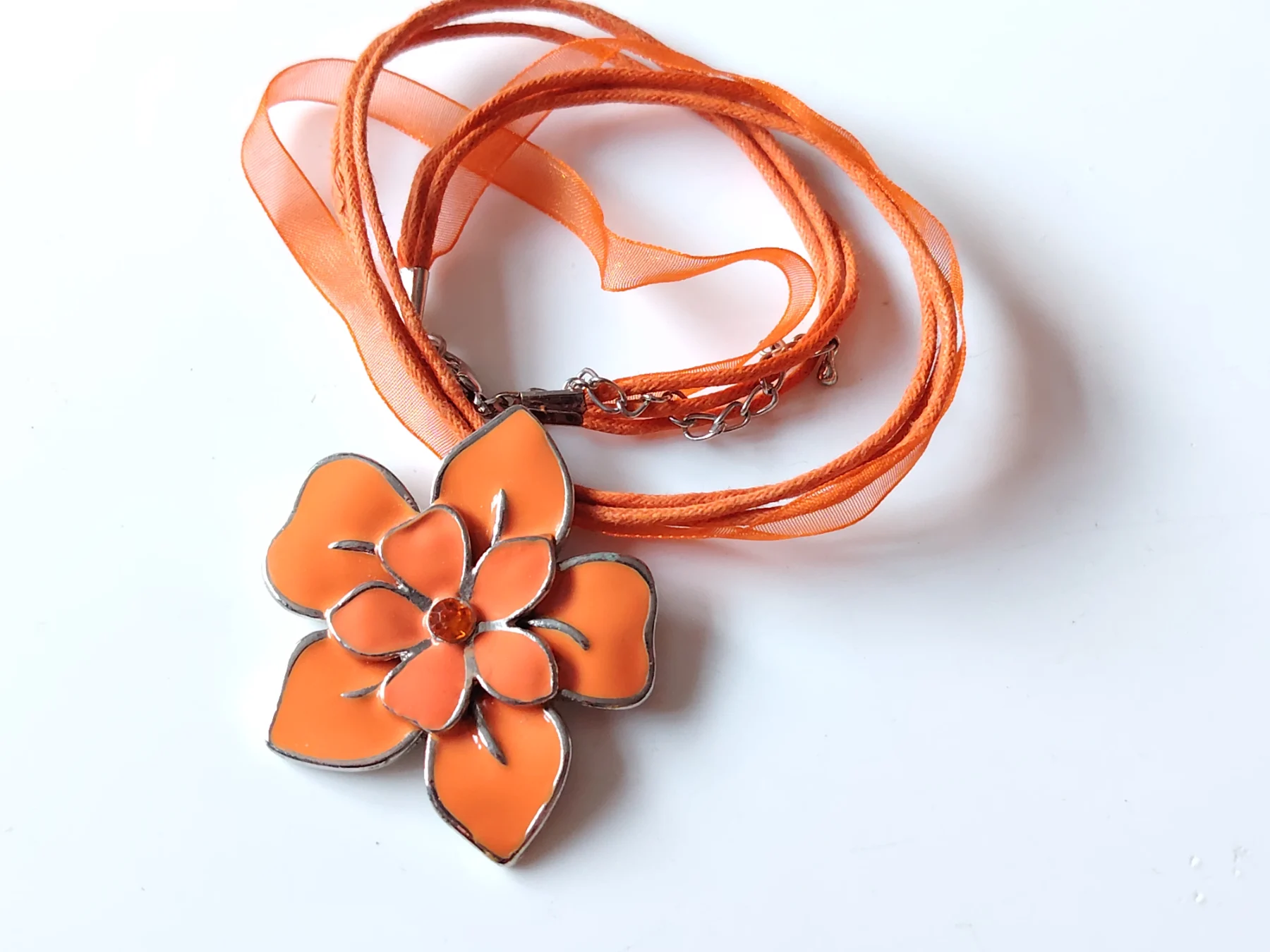 Orange enamel rhinestone flower pendant necklace boho layering