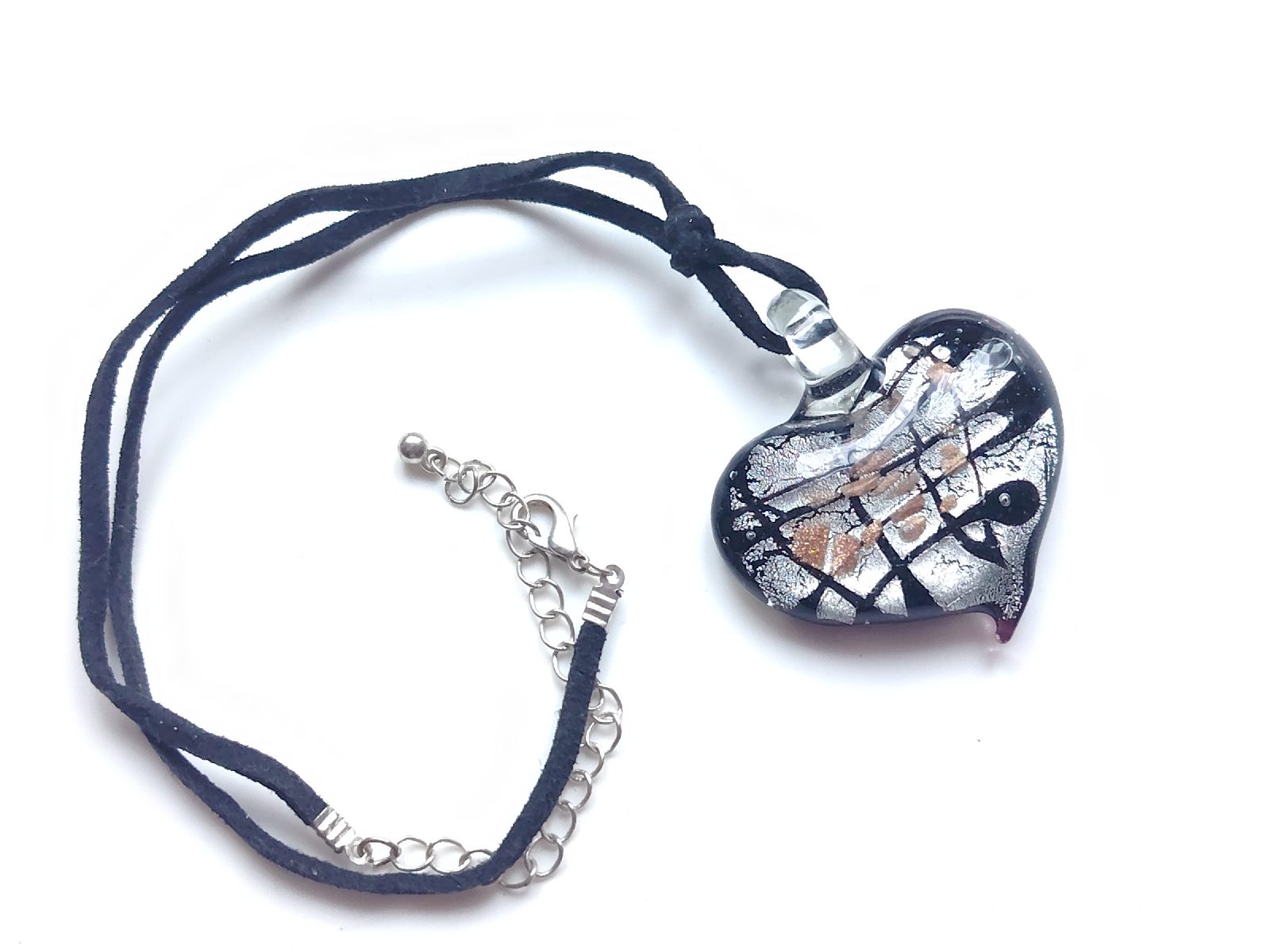Silver foil striped glass heart pendant necklace chic