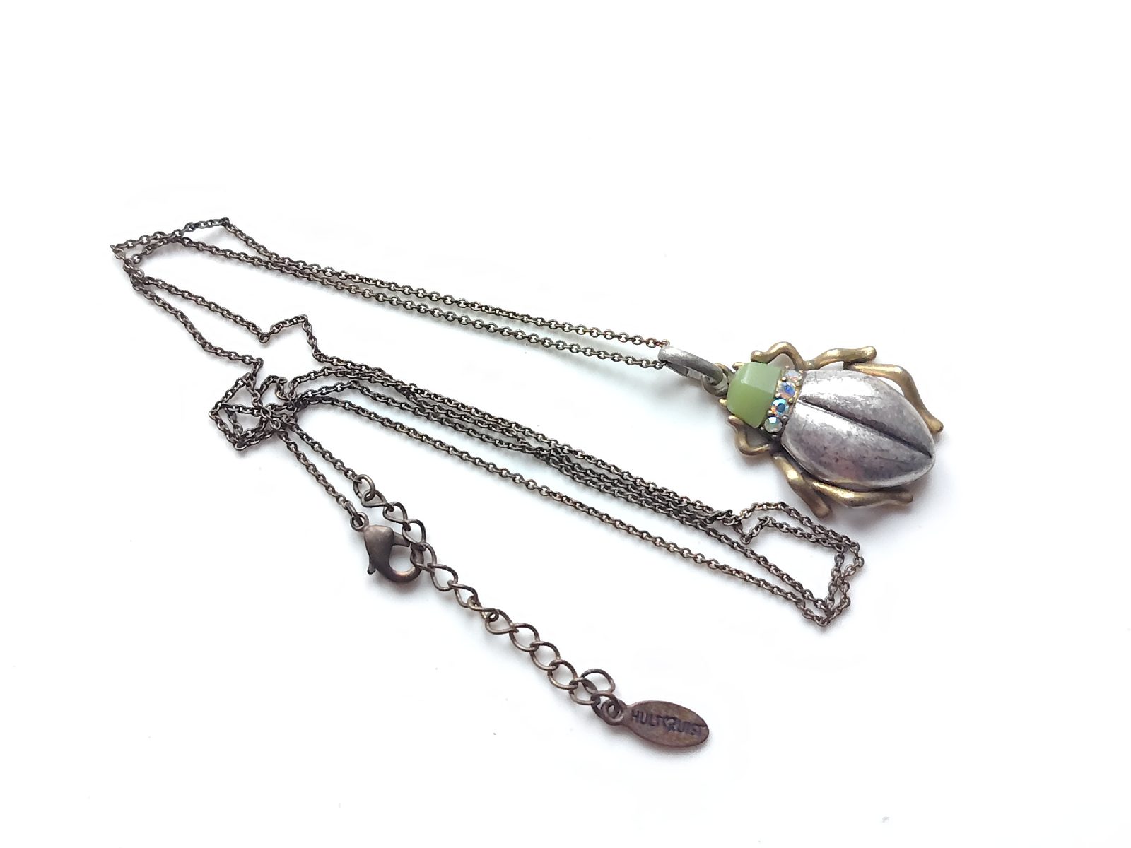 Vintage brass tone hult quist rhinestone stag beetle necklace