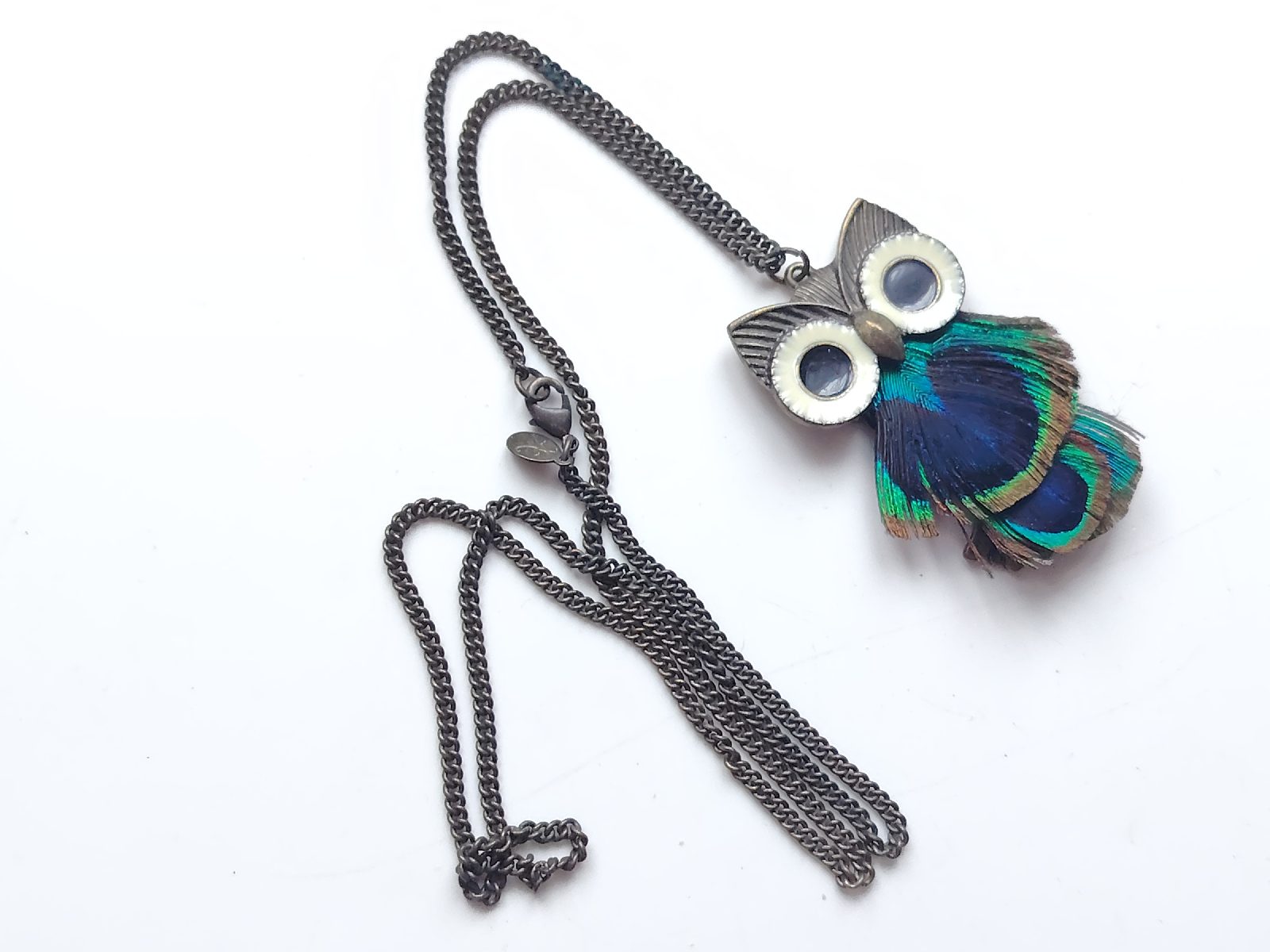 Brass tone accessorize peacock feather owl drop pendant necklace