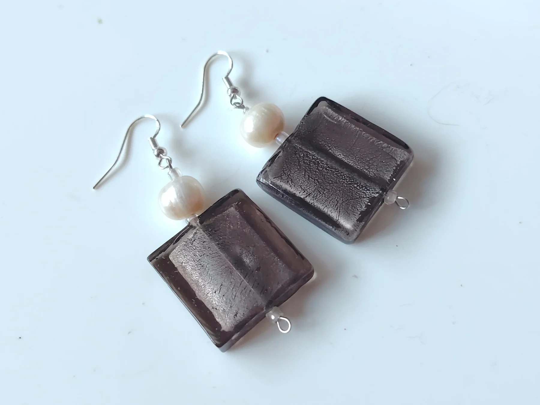 Grey foil glass freshwater pearl drop dangle earrings for pierced ears