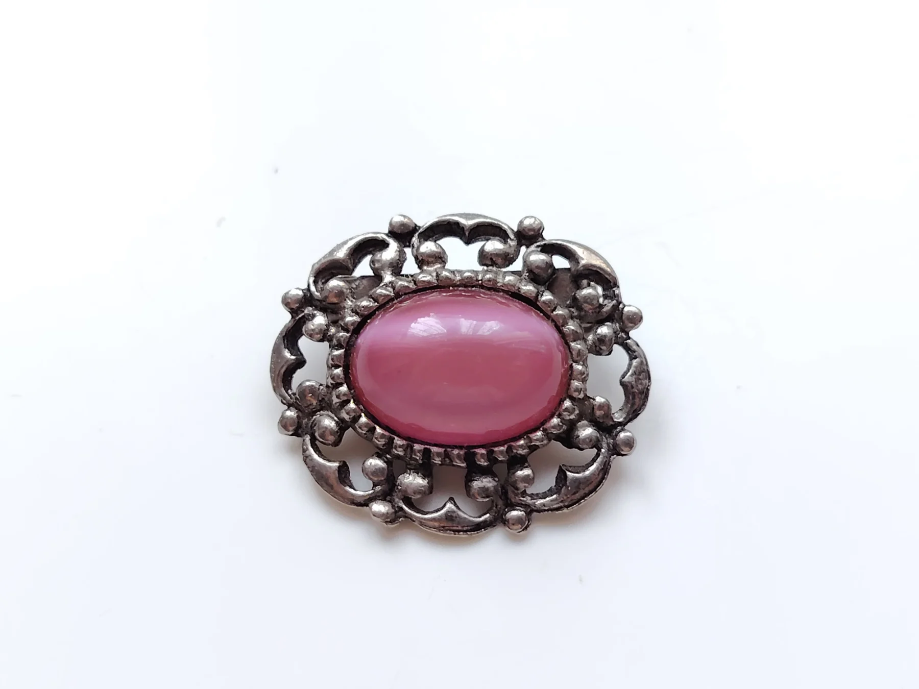 Vintage silver tone pink satin glass cab brooch
