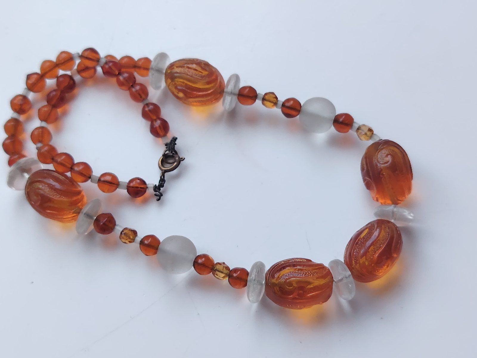 1940s vintage Molded amber glass bead beaded necklace for restring orange clear