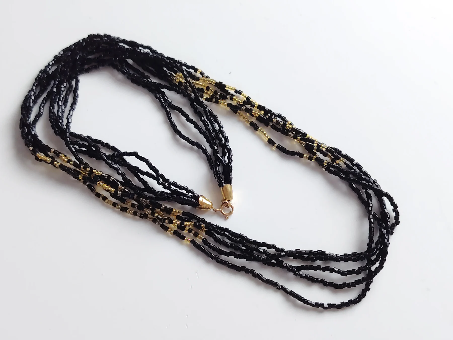 Retro vintage black gold glass bead beaded multi strand necklace boho layering