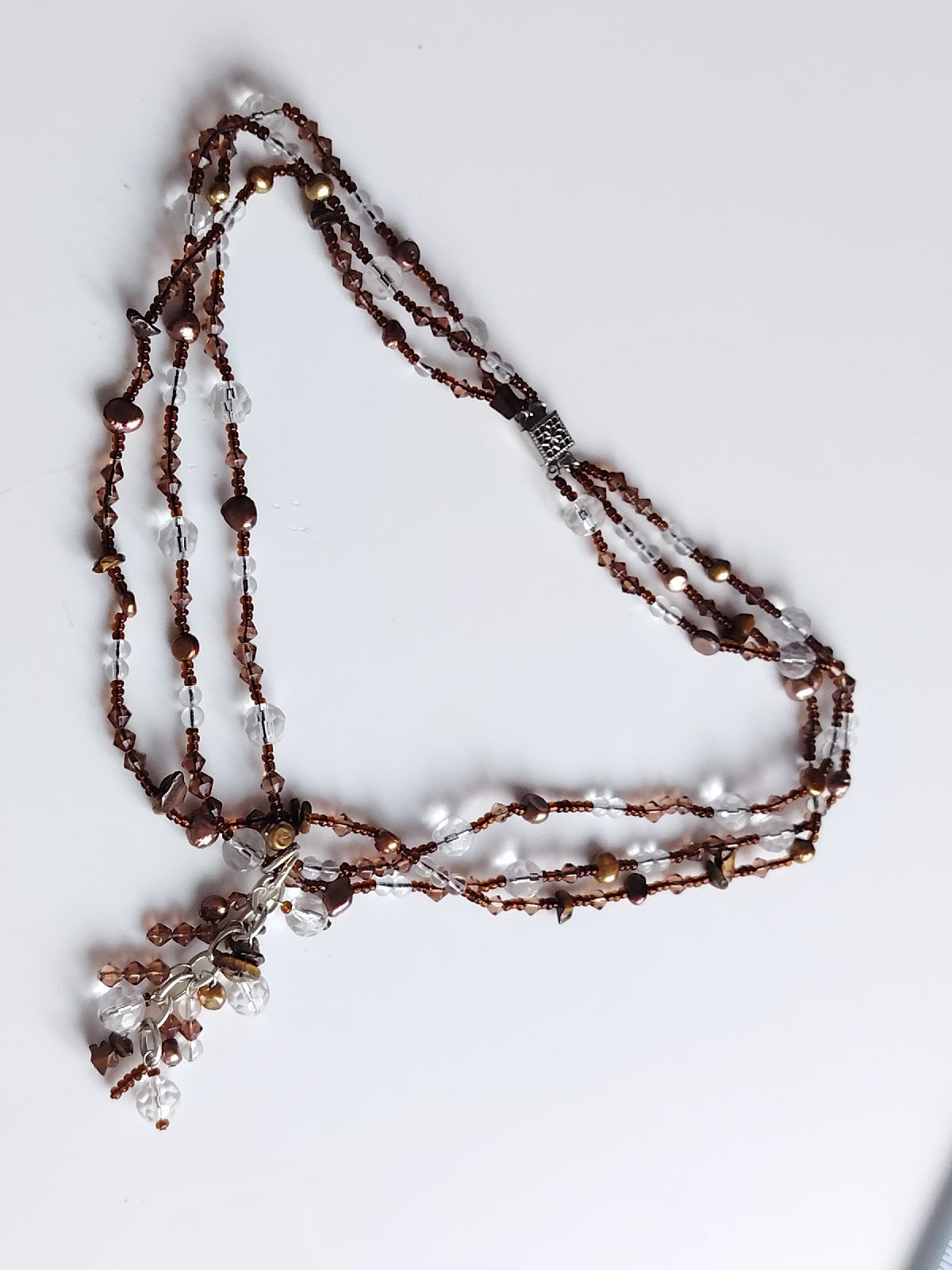 Brown and clear freshwater pearl glass stone bead drop pendant necklace box clasp
