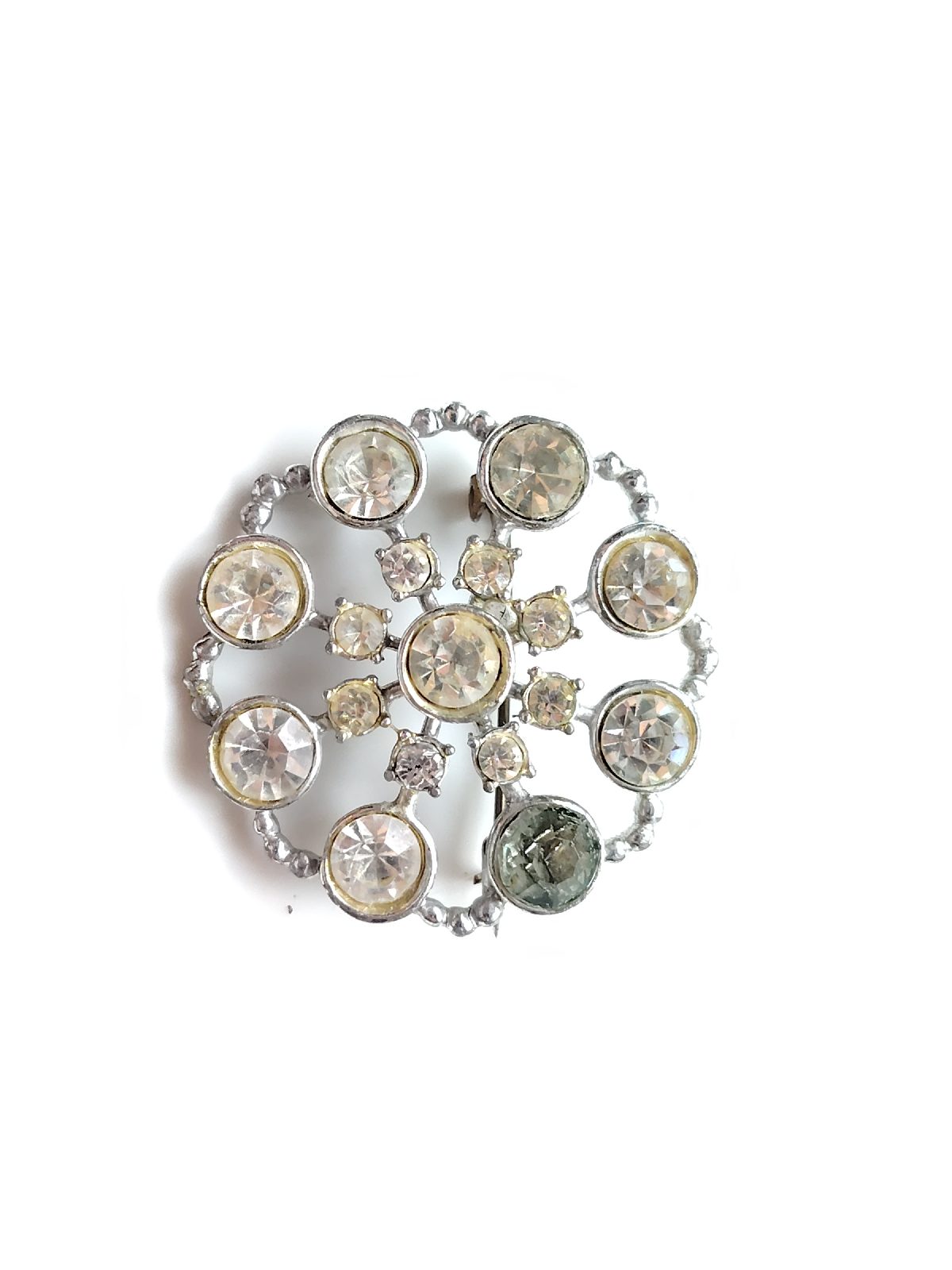 Silver tone Rhinestone disc style brooch retro vintage