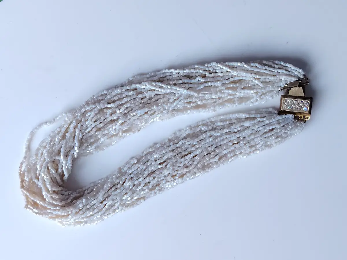 Retro vintage white glass seed bead multi strand necklace