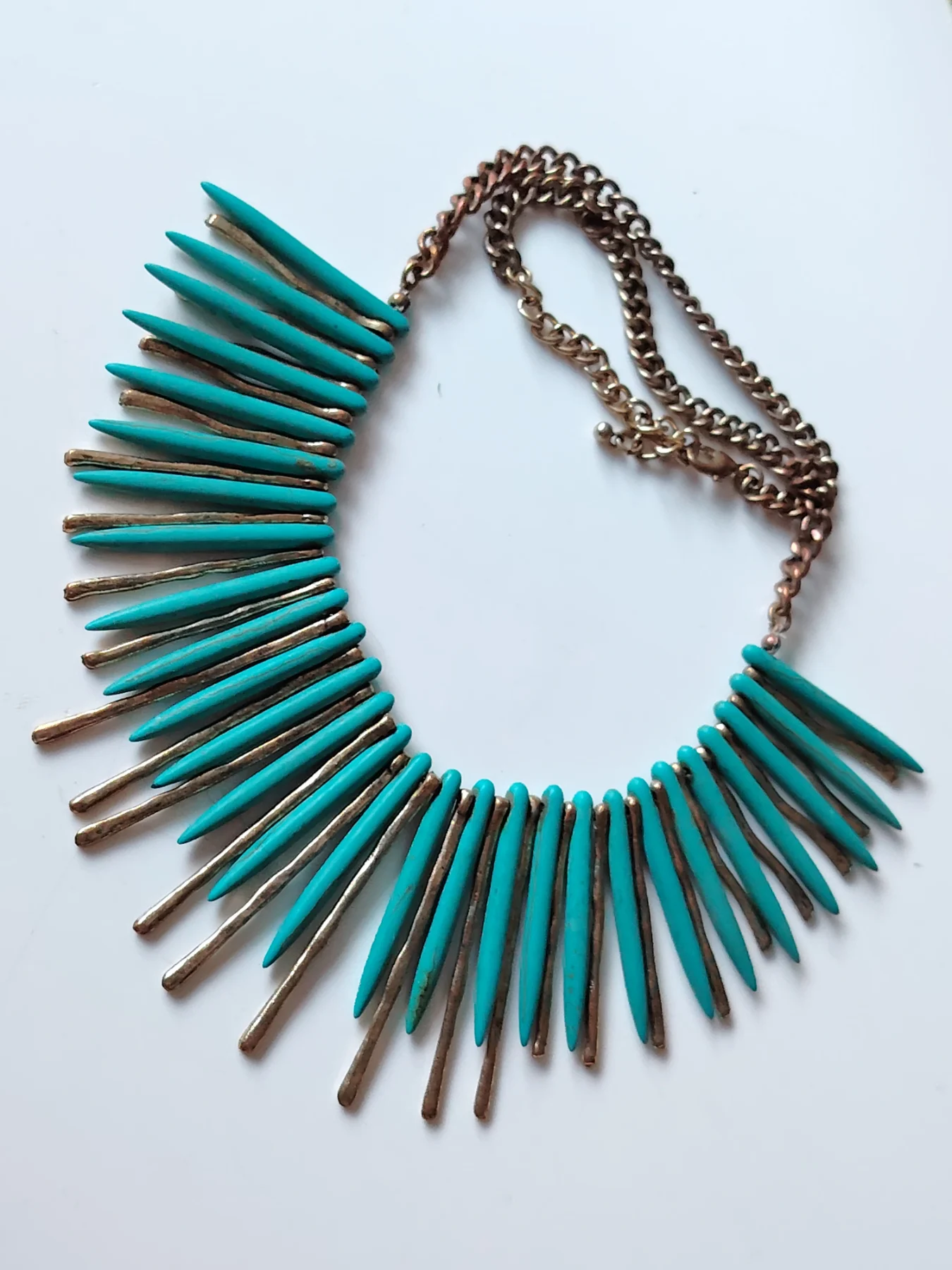 Brass tone turquoise stone bib style necklave boho layering