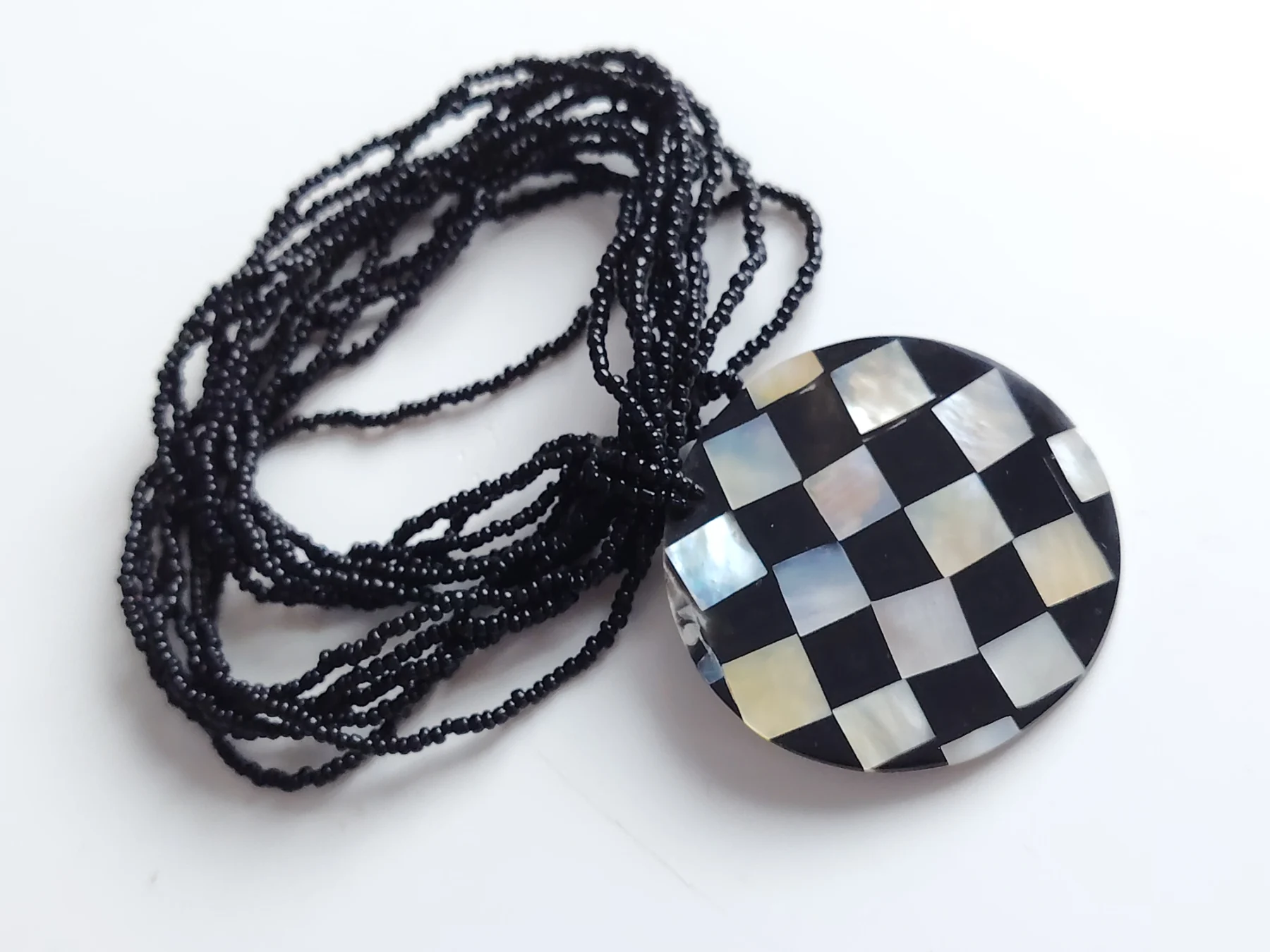 Mother of pearl black and white chequer board style pendant necklace boho layering