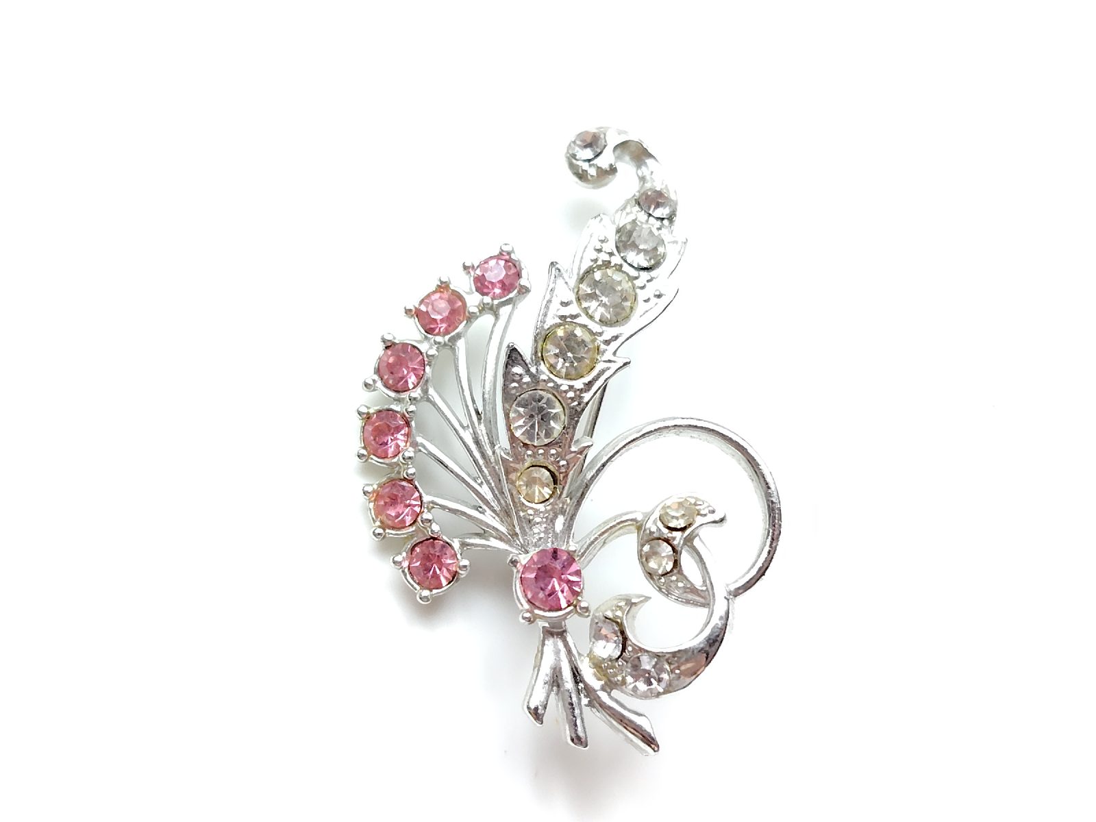 Vintage silver tone pink rhinestone spray style brooch boho layering