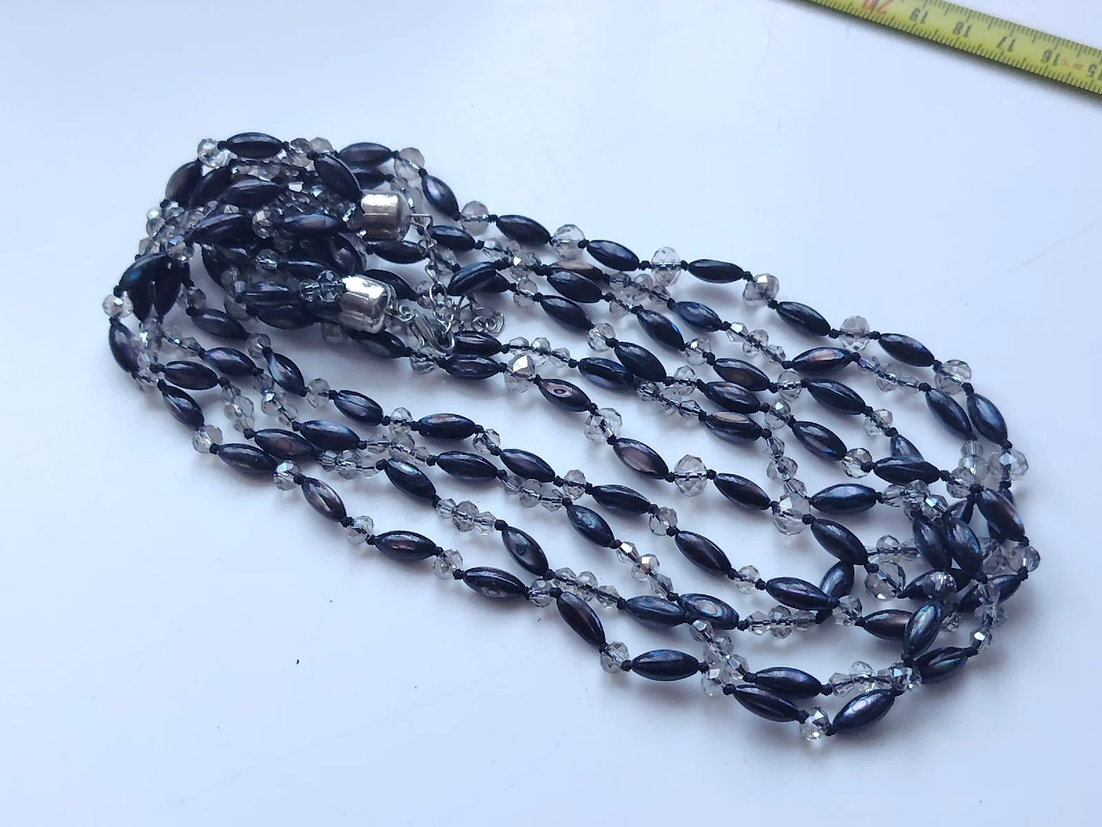 Multi strand faceted glass and dyed mother of pearl bead necklace boho layering