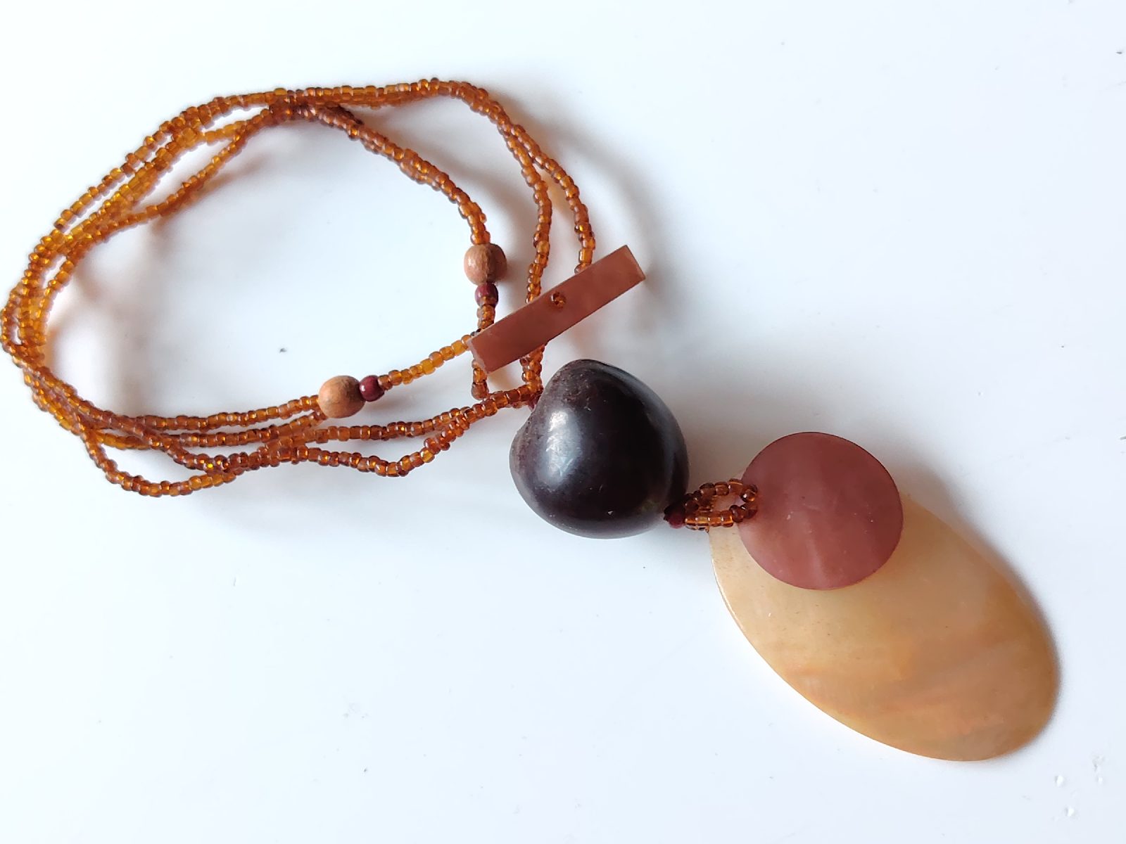 Mother of pearl shell glass bead beaded necklace disc pendant boho layering