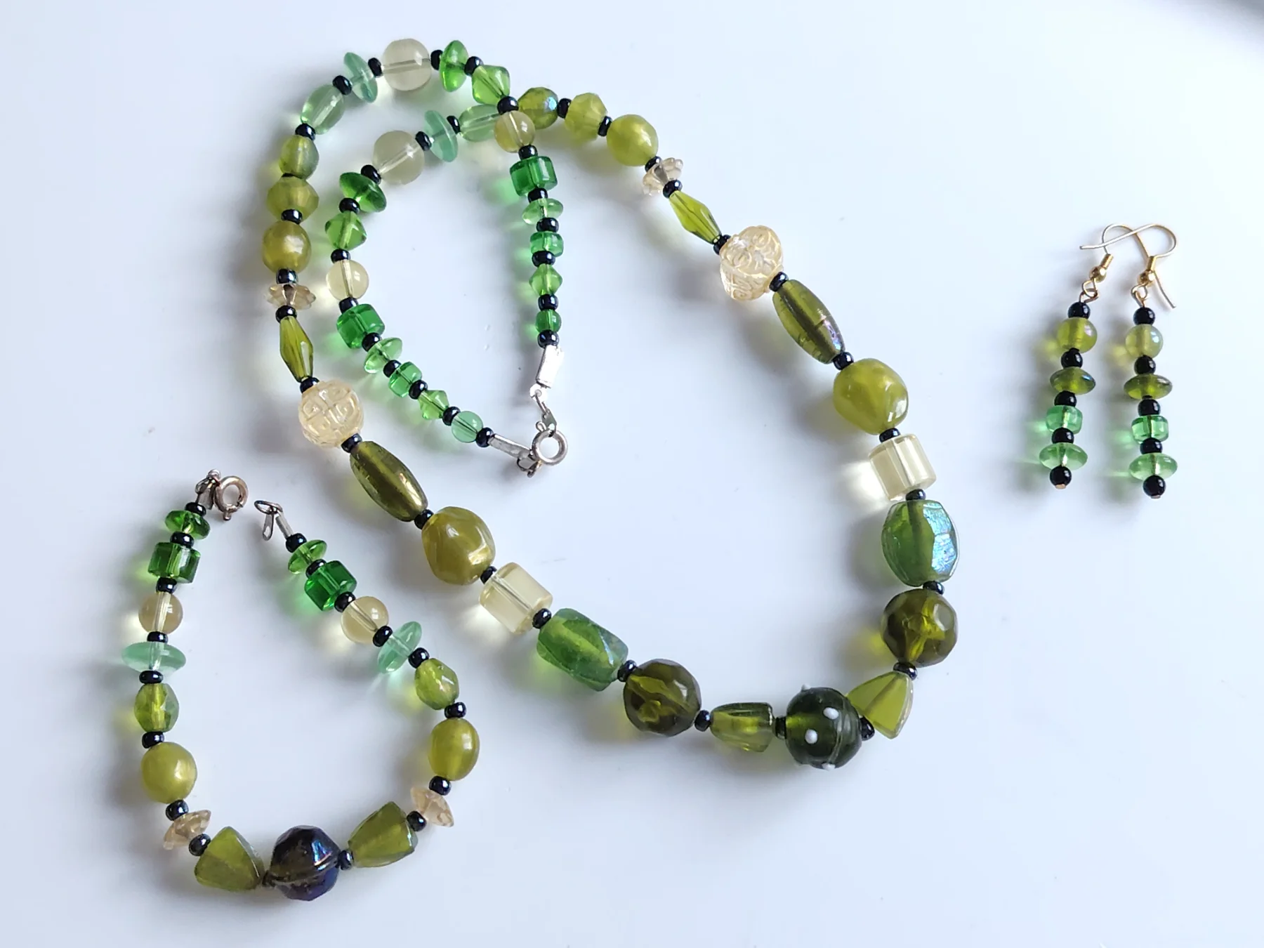 Green glass bead necklace bracelet and earrings set boho layering