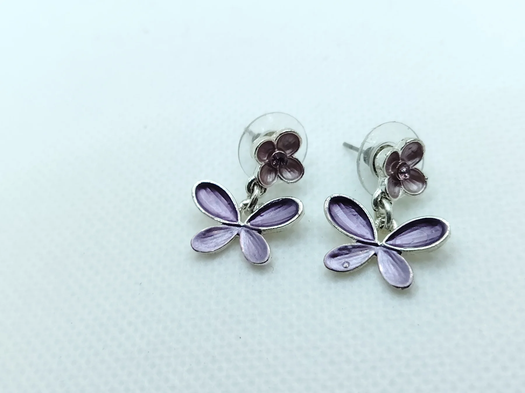 Silver tone purple enamel butterfly butterflies drop dangle earrings