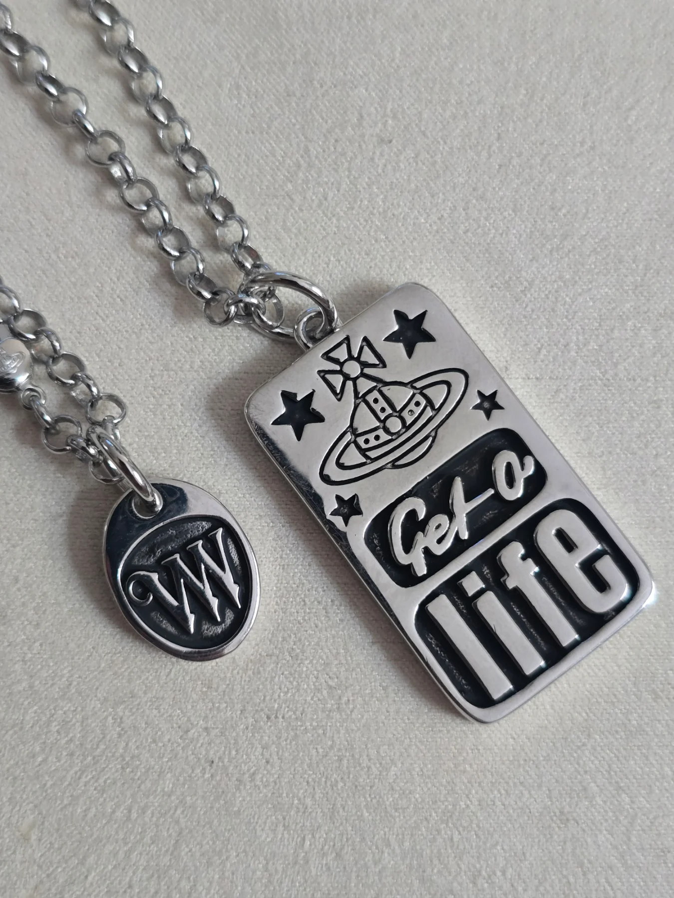 Chunky Silver Chain Necklace Squa Shaped Tag Pendant | Saturn Orb & Heart Symbols Y2K Grunge Streetw