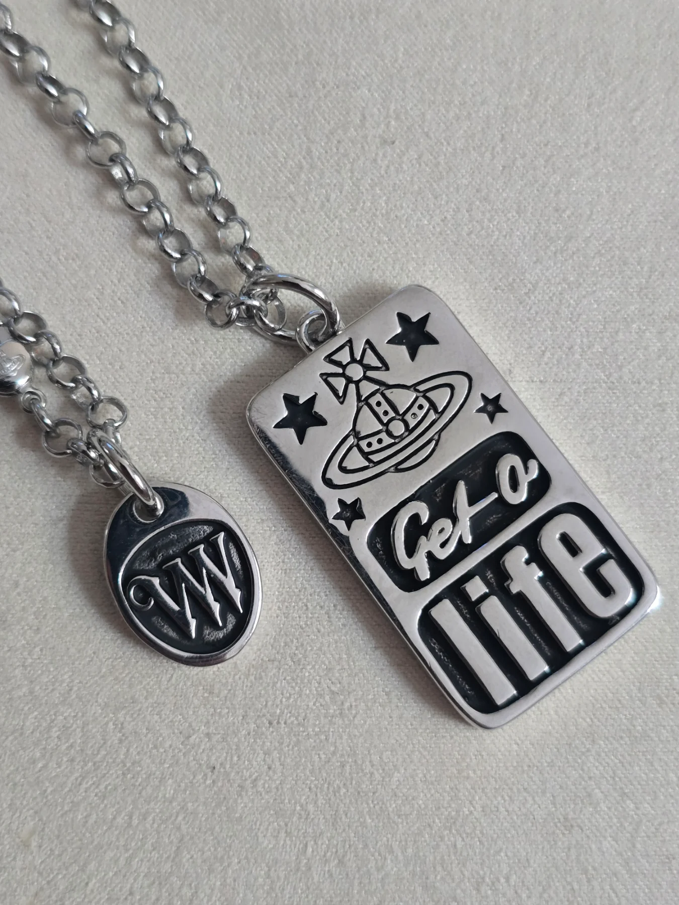 Rare Archival Chunky Silver Chain Necklace | Chunky Gothic Tag Pendant, Saturn Orb, Stars, Grunge St