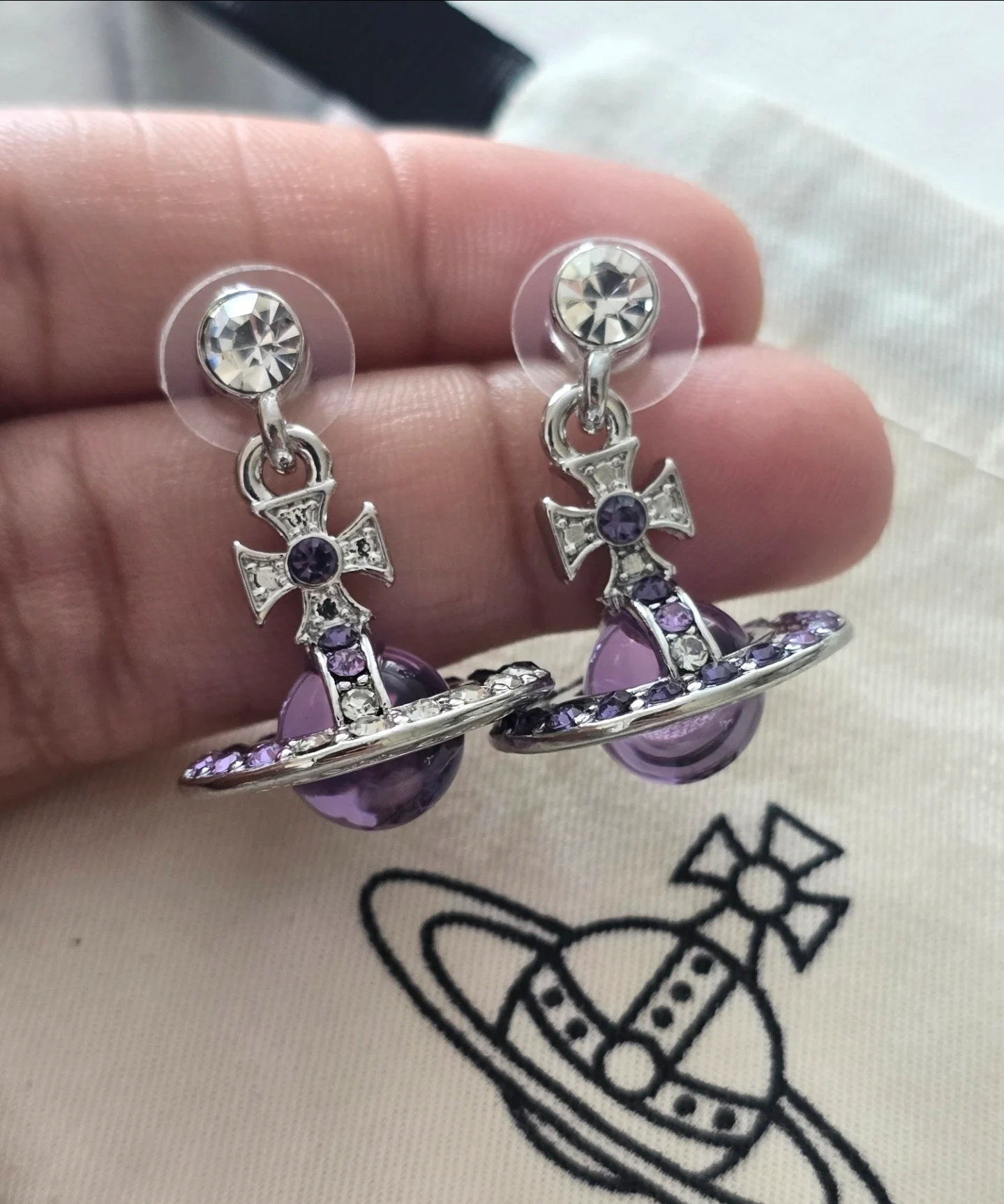 Silver Orb Stud Earrings with Purple Crystal Rhinestones – Y2K Gothic Fashion