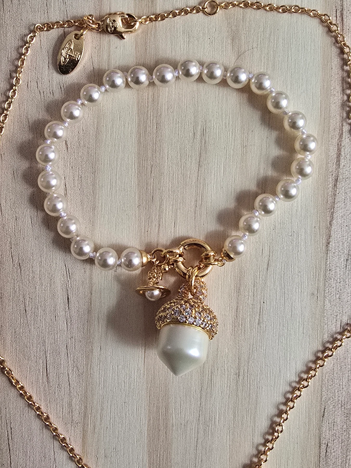 Pearl Charm Bracelet for Women, Sterling Silver T-Bar Toggle Clasp with Acorn and Planet Pendant, El
