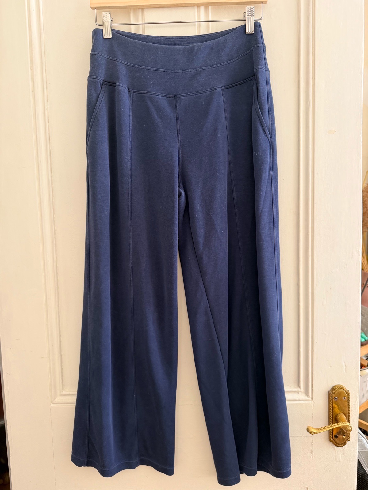 Women’s Blue Wide-Leg navy Activewear Trousers Elastic Waist Stretch L petite