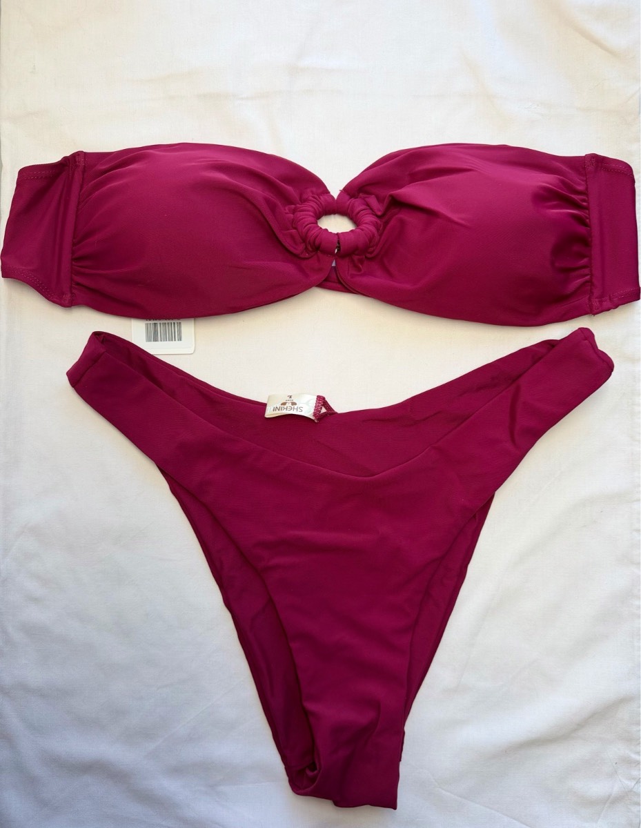 Shekini Women’s Purple 2-Piece Bikini Set Strapless Bandeau Bow Ring Lined L