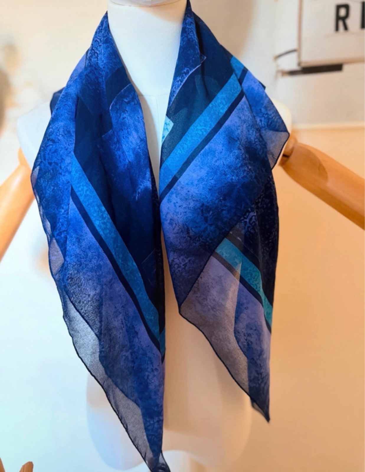 Silk feel Square Scarf | Blue, Black Geometric Patchwork Print