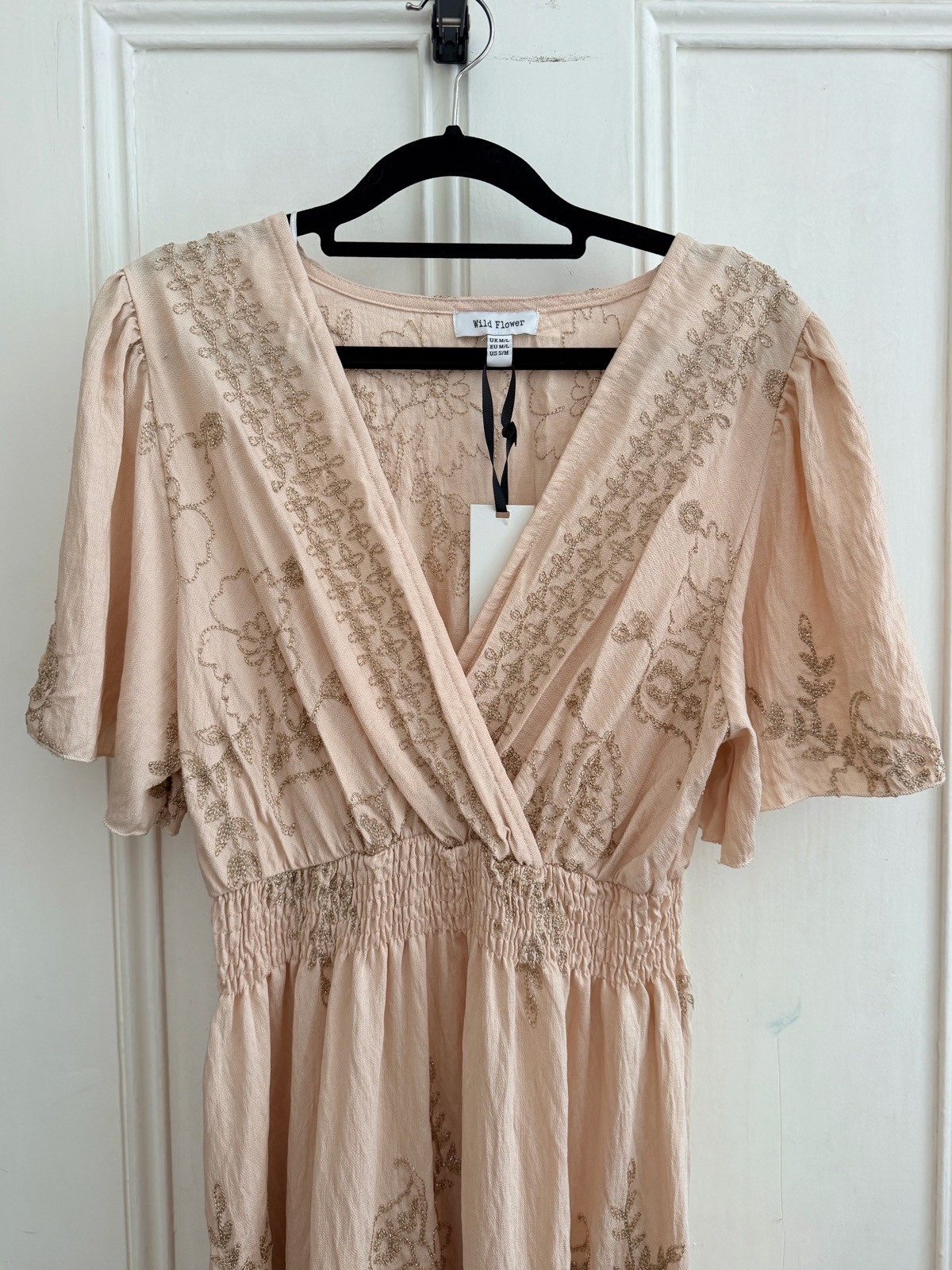 Wild Flower Women’s M/L Beige Floral Metallic Embroidered Smocked V-Neck Maxi