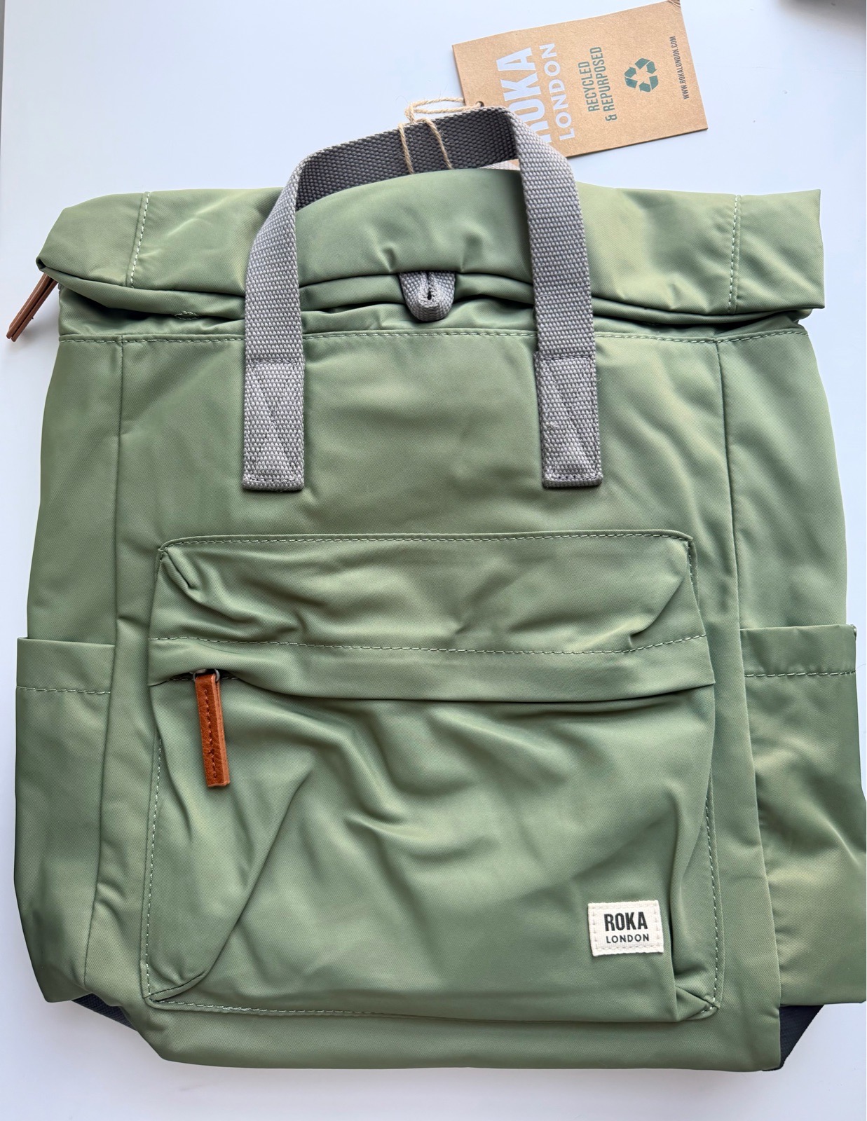 ROKA London Canfield B Medium Recycled Nylon Roll Top Backpack Green Granite