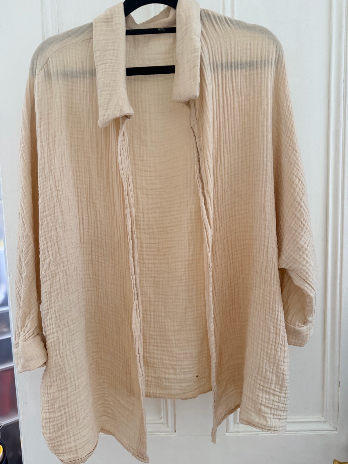 Shein cream cotton muslin open front kimono shirt jacket L 3/4 sleeves