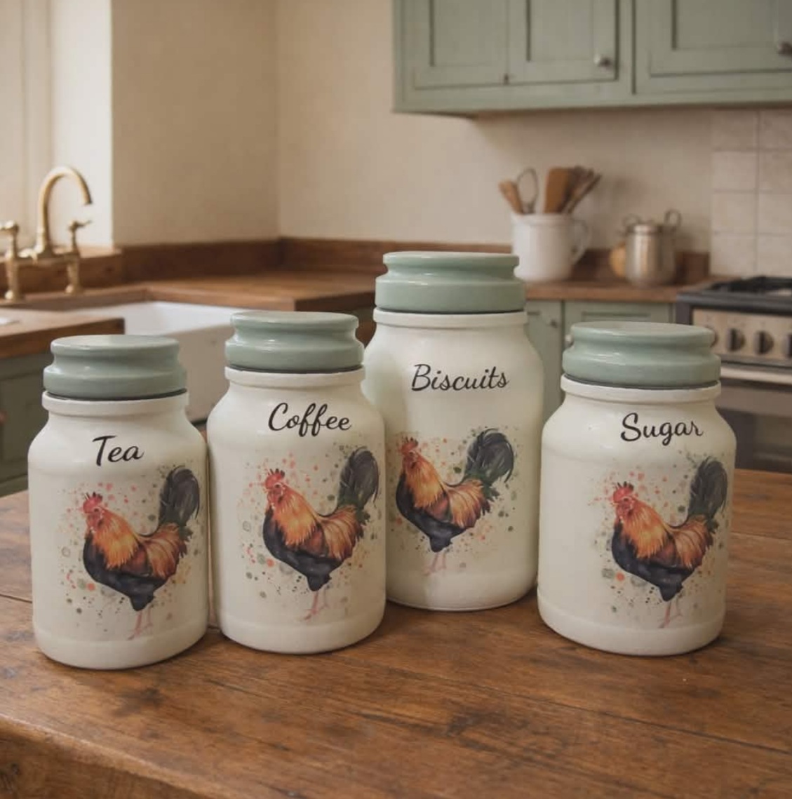 Tea, coffee, sugar & biscuit hand painted/ decorated jars