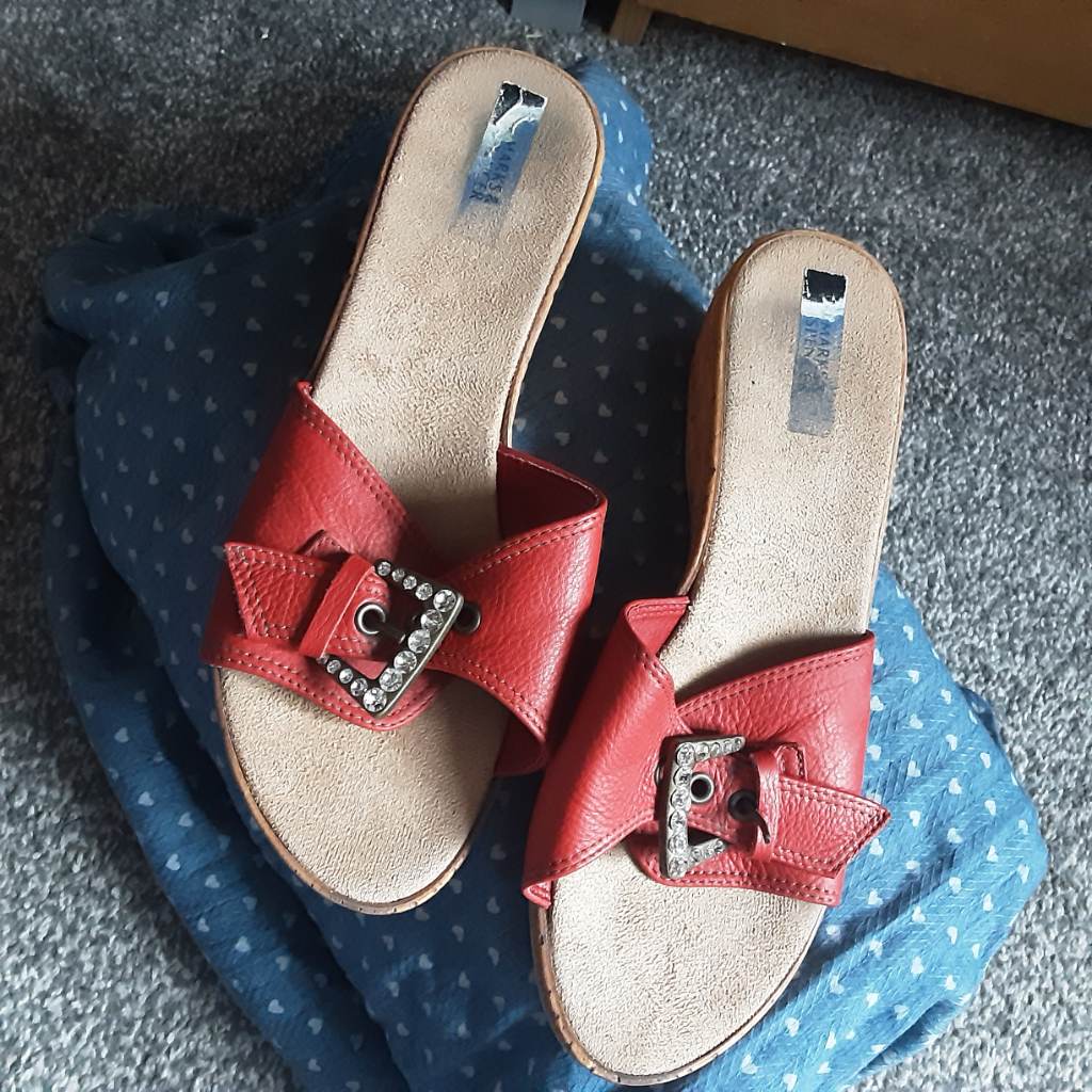 Red leather wedge mules
