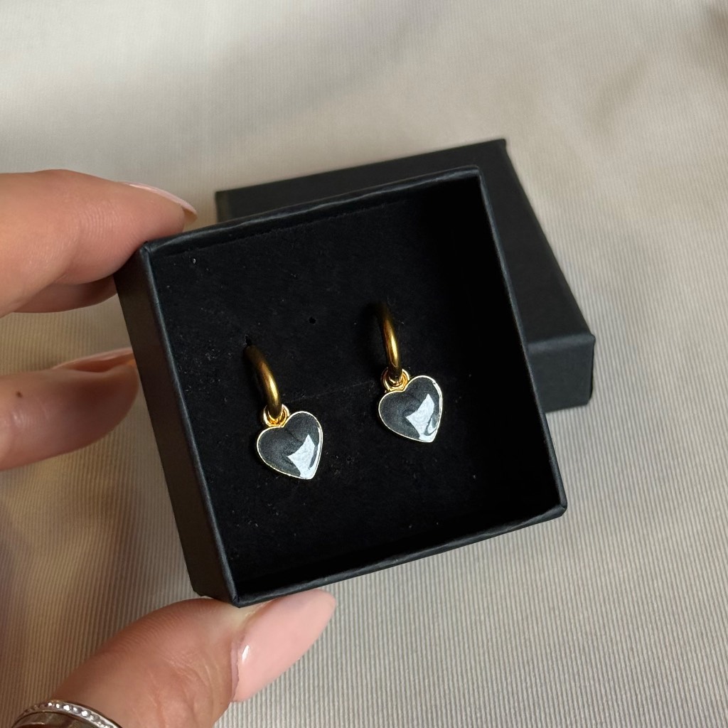 Black Heart Drop Gold Huggie Earrings - Stainless Steel - Everyday Wear - Gift Boxed