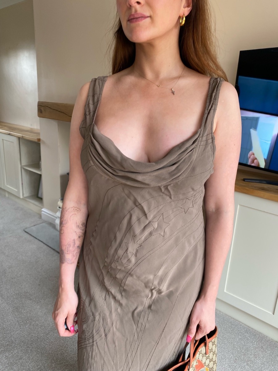 Ghost Vintage Y2K Star Midi Dress Bias Cut Jacquard Cowl Neck Taupe UK 14