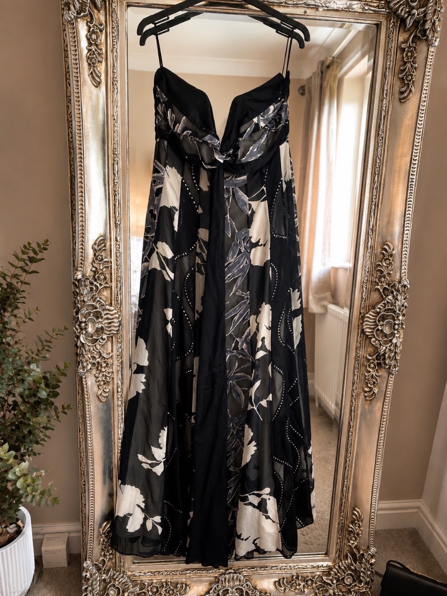 Monsoon black and white floral print beaded silk maxi dress 16