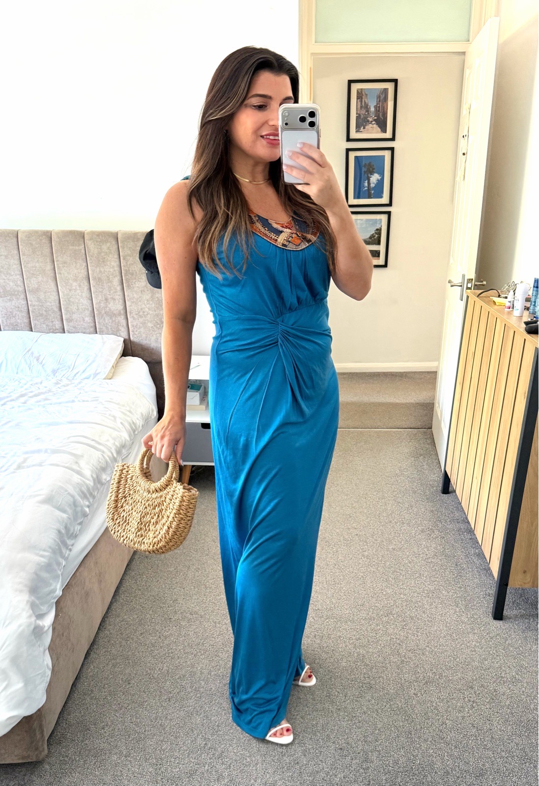 Monsoon Blue Embellished Maxi Dress UK 16 Stretchy Micromodal