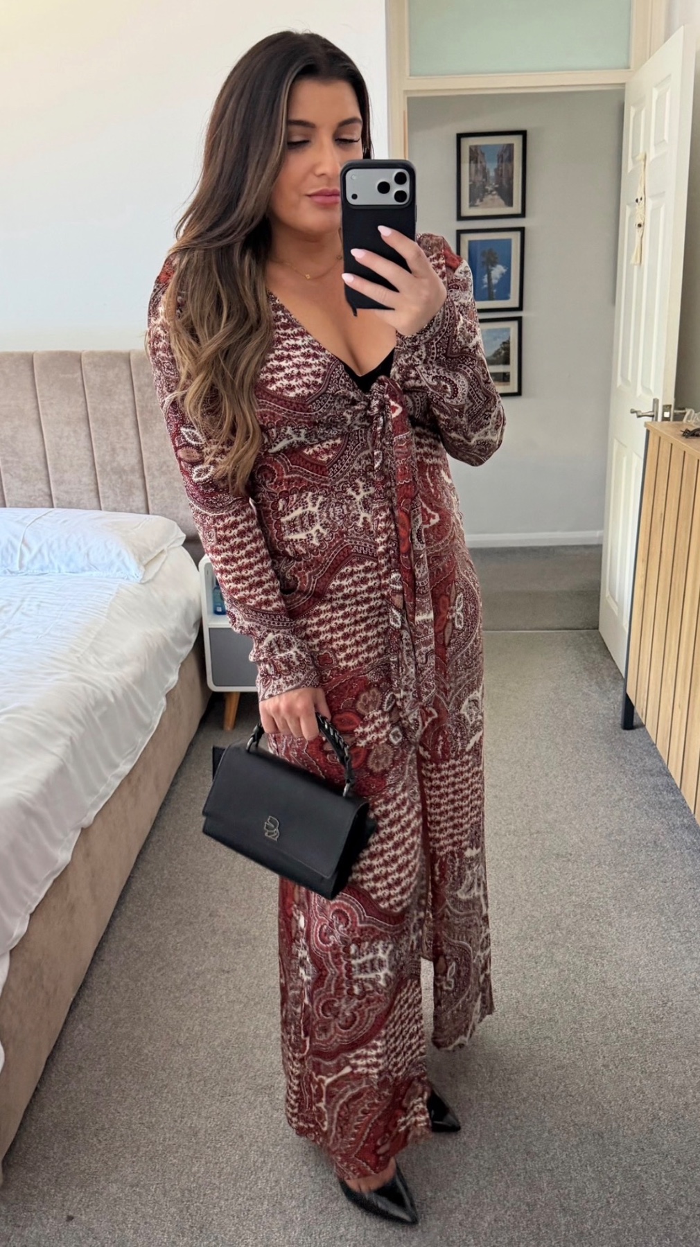 Nasty Gal Brown Red Paisley Long Sleeve Maxi Dress Size 10 Front Slit