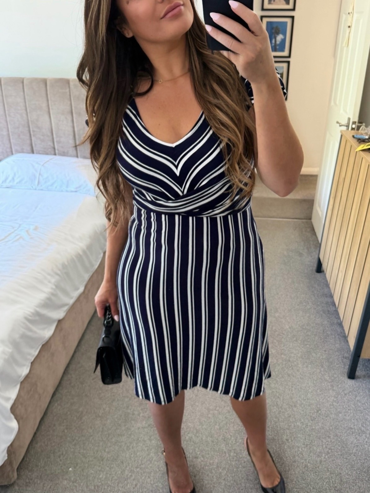 Oasis Navy Blue White Striped Wrap Style Stretch Dress Size XS fits A S