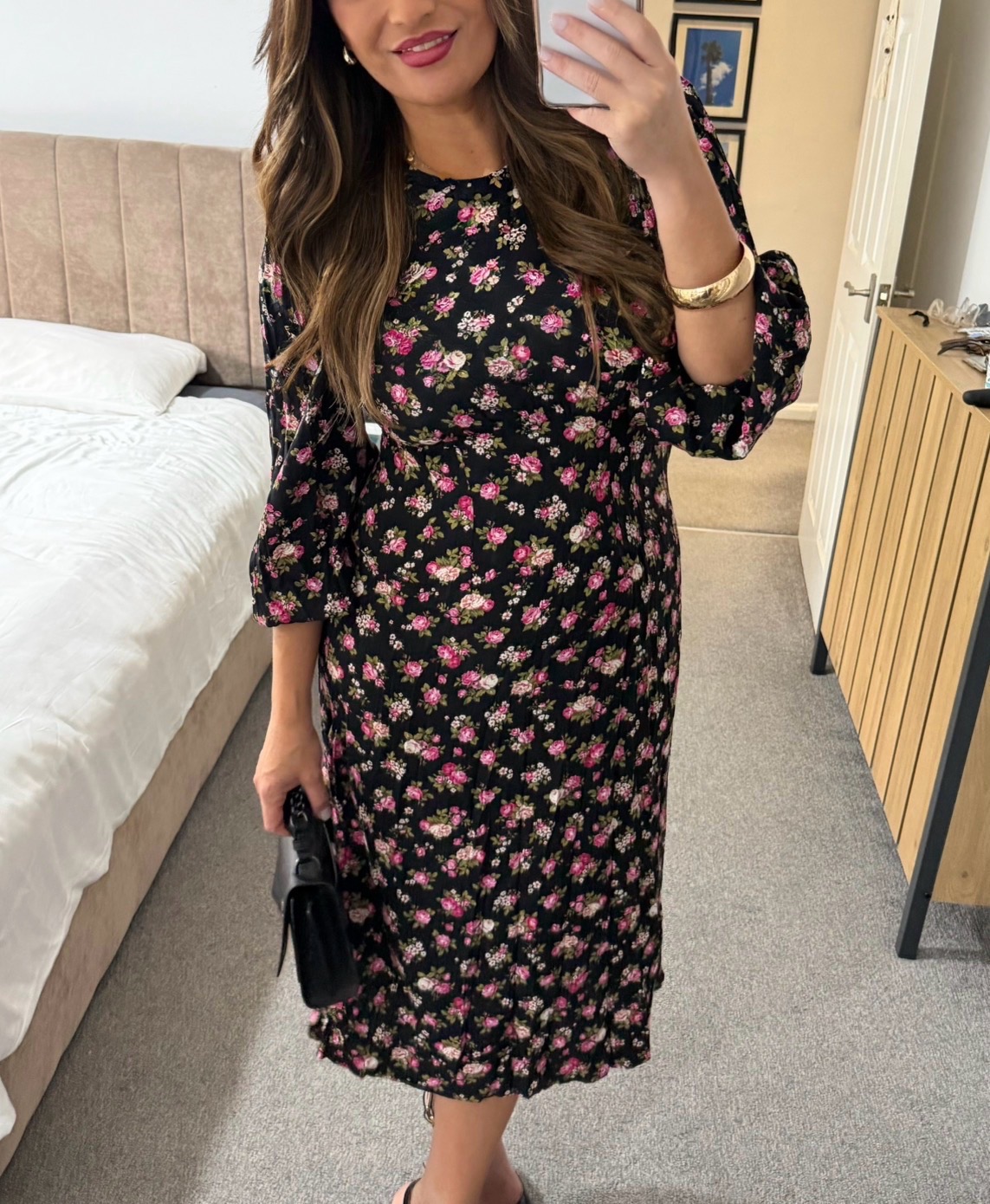 Zara Black Pink Floral Long Sleeve Midi Dress Size M