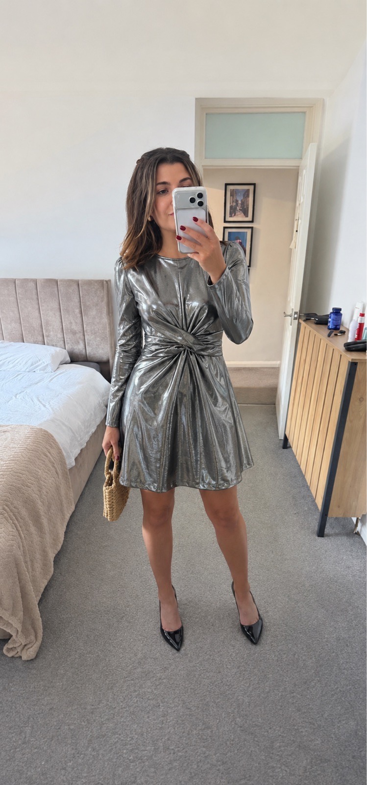 Zara Silver Metallic Sparkle Mini Dress Size 10 Small Fit Long Sleeve