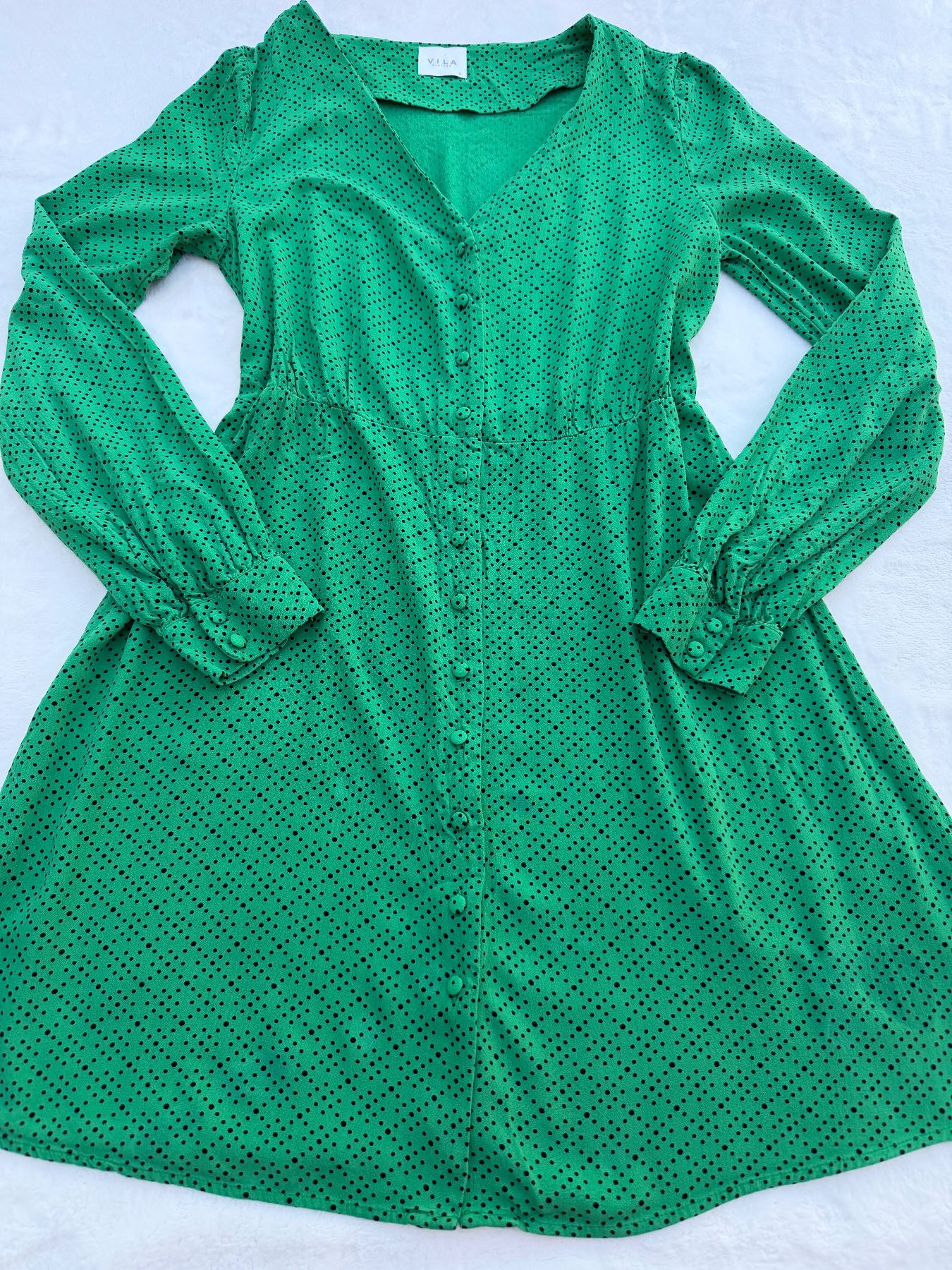 Vila Green Black Polka Dot Button Through Shirt Dress UK 8