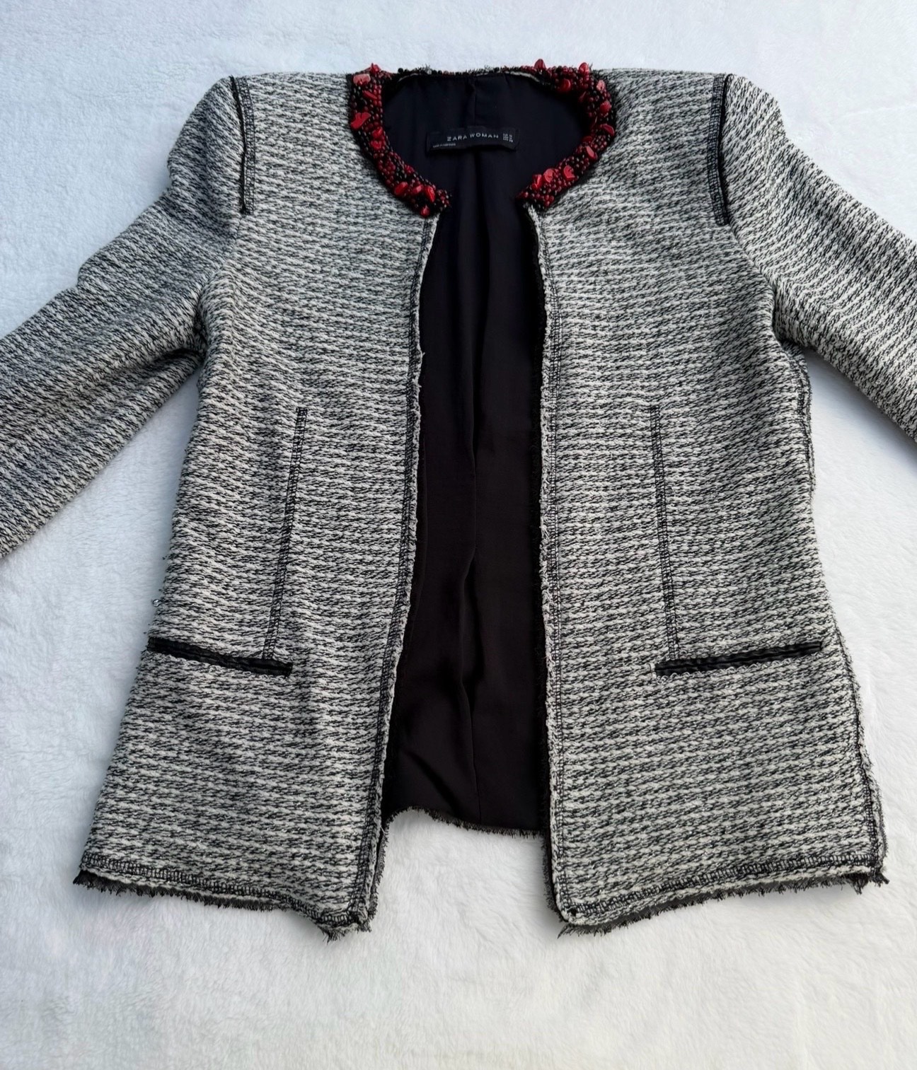 Zara Woman Black Bouclé Jacket With Red Beaded Trim Size M