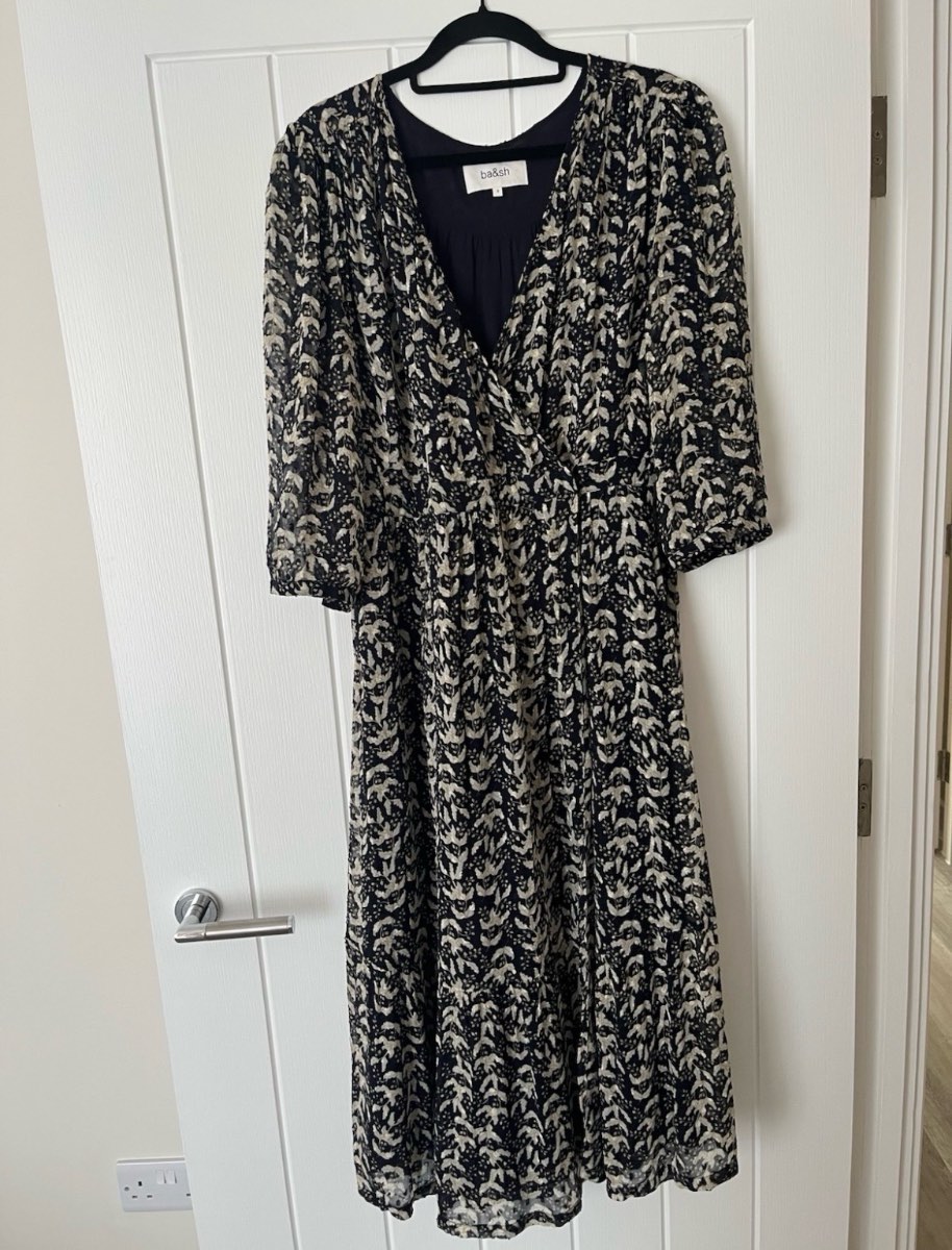 Ba&sh Taxana Dress Women’s Size 3 UK 12 Navy Print Wrap Midi 3/4 Sleeve V Neck