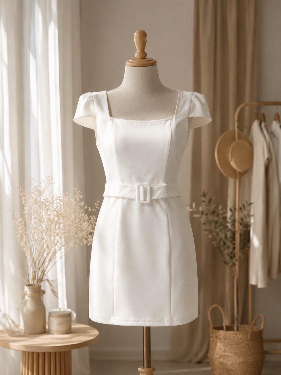 Elegant Asos White Mini Dress with Belt | Square Neck | Size S