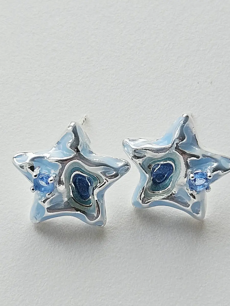 Liquid Silver & Blue Enamel Star Stud Earrings s925 silver posts