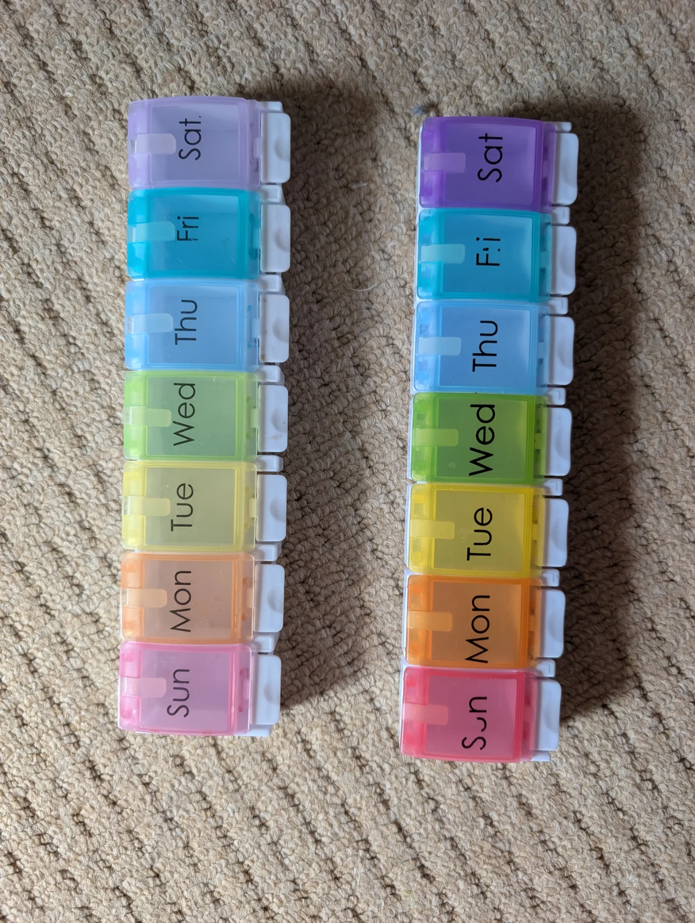 2 × 7-Day Weekly Pill Organisers – Rainbow Coloured