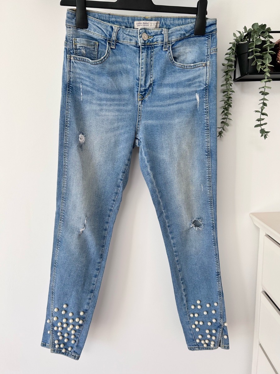 Zara basic blue ripped skinny pearl embellished hem jeans size 12 W30”